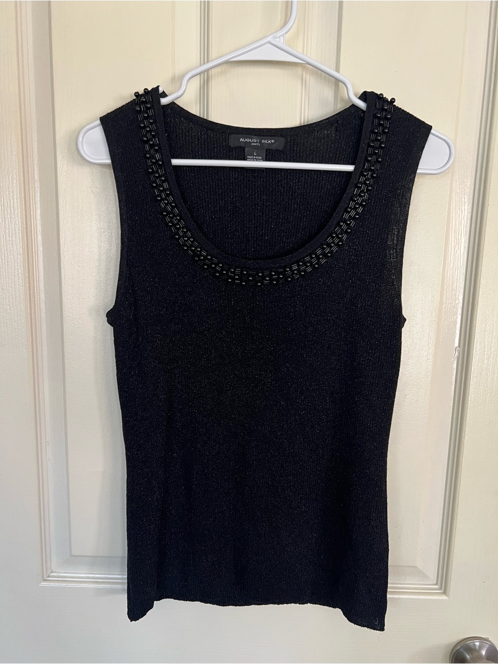 August Silk Black Metallic Knit Beaded Sleeveless Shell Top Size Large